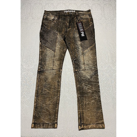 79RPM Moto Jeans Mens 36×30 Urban Slim Fit Biker Style Black Gold Denim - Picture 1 of 10